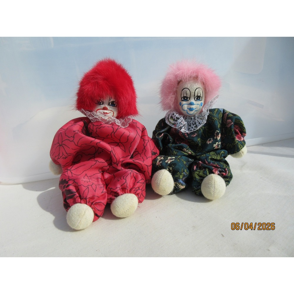 Vintage Soft Body Clown Dolls Pair Fuzzy Hair Floral Outfits Red Pink Green
